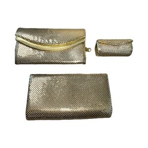 Whiting & Davis Vintage 80s Shimmering Gold 3piece Clutch Set